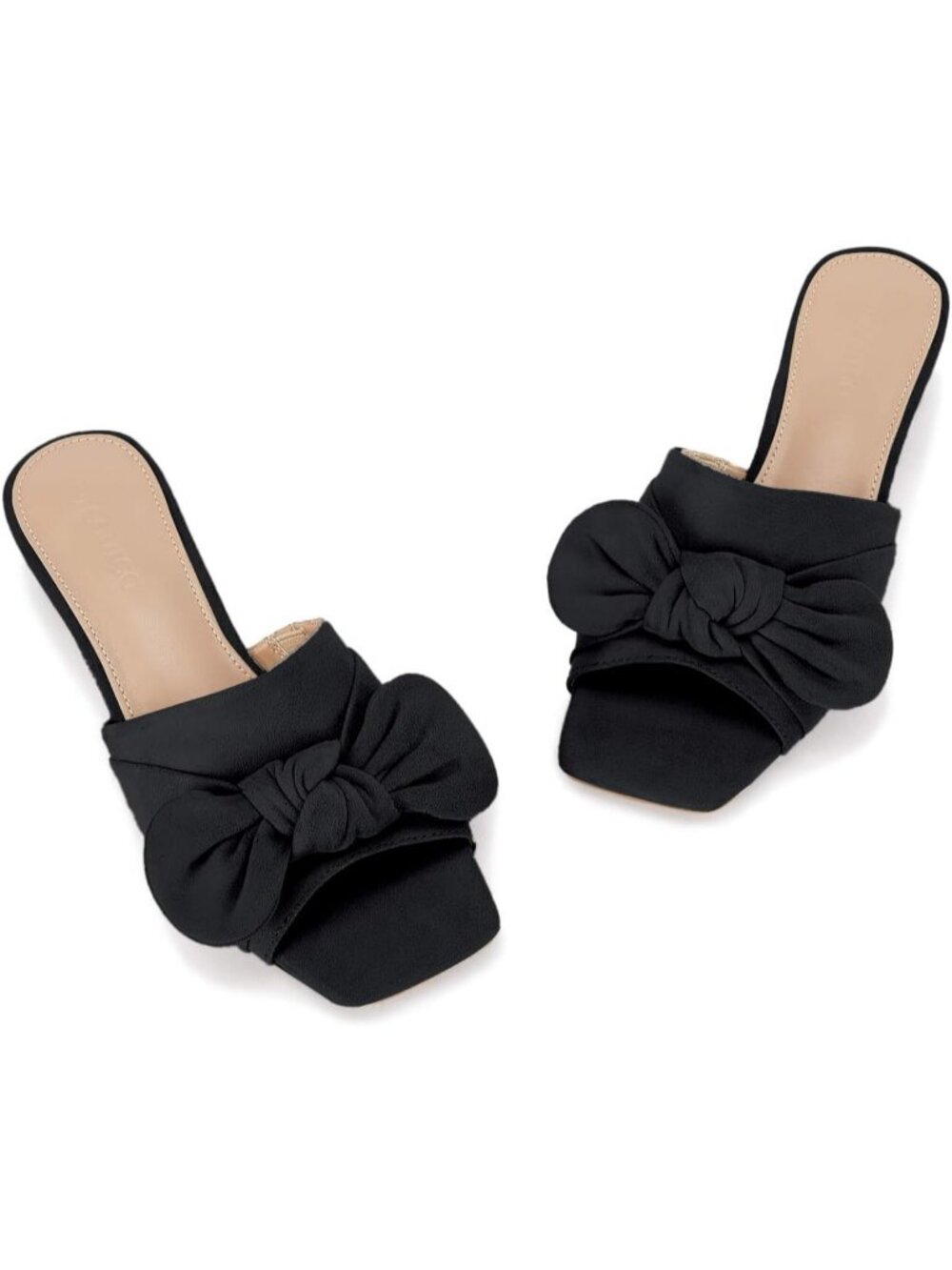 Women's Black Faux Suede Summer Square Open Toe Bow Slides Chunky Low Heel Shoes